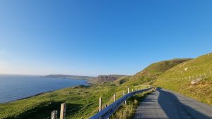 The A855 road to Duntulm Castle